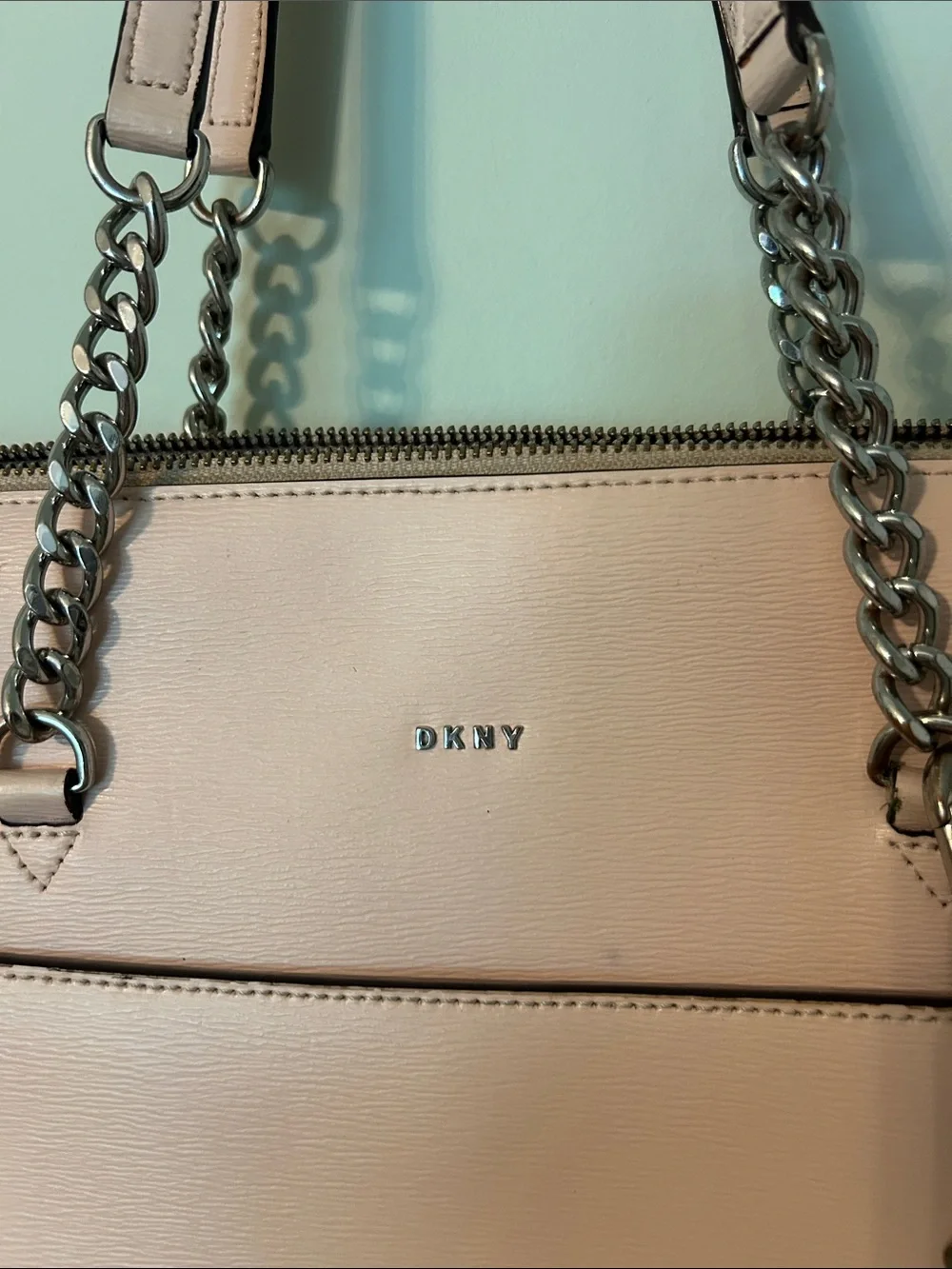 DKNY Cream Leather Tote with Chain-Trim Handles